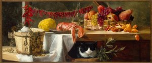 Stilleven met Peperoni, Vruchten, een Kreeft en een Kat