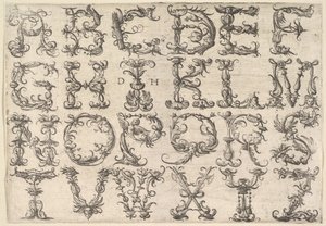 Versierd Romeins majuskule alfabet, ca. 1520 door Daniel Hopfer