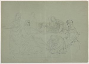 Tekening, Maria wast de voeten van Christus, verschillende mannen zitten aan een tafel; Verso: aantekeningen, 1852 door Daniel Huntington