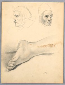Tekening, Rechtervoet en twee hoofden S, 1852 door Daniel Huntington