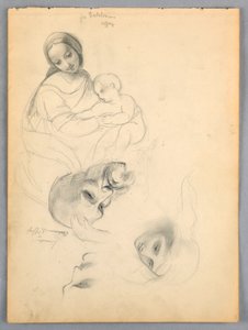 Madonna en Kind, Schetsen naar Leonardo Da Vinci en Fra Bartolomeo van Werken in de Uffizi, Florence