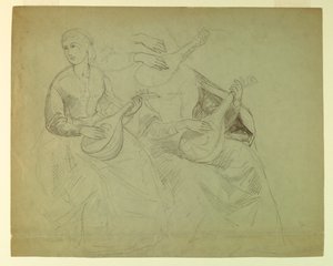 Schetsen van een vrouw met een luit, studie voor "Titiaan toont de graflegging aan Karel V en Clemens VII" door Daniel Huntington