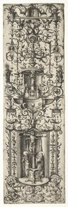 Ornamentale filet met de kruisiging en de maagd en het kind door Daniel I Hopfer