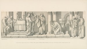 Harold, op het punt om de invasie van Willem te weerstaan, bidt in de abdij van Waltham, wanneer het heilige beeld wonderbaarlijk naar voren buigt vanaf het kruis door Daniel Maclise