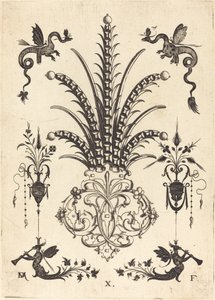 Broche met tafelstenen, draken bovenaan en gevleugelde monsters die hoorns blazen onderaan door Daniel Mignot