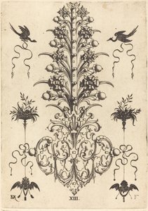 Hyacintvormige broche met vogels bovenaan en duivels- en engelenhoofd onderaan door Daniel Mignot