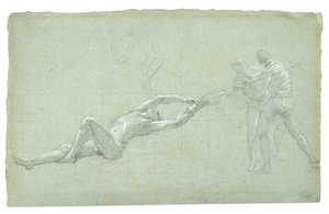 Studie voor Het Beleg van Gibraltar (Studie van geredde figuur en twee figuren die aan een roeispaan trekken), 1785-1786