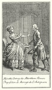 Huwelijksaanzoek van de Antiquair (gravure) door Daniel Nikolaus (after) Chodowiecki