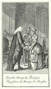 Huwelijksaanzoek van de Geestelijke (gravure) door Daniel Nikolaus (after) Chodowiecki