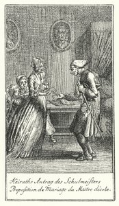 Huwelijksaanzoek van de schoolmeester (gravure) door Daniel Nikolaus (after) Chodowiecki