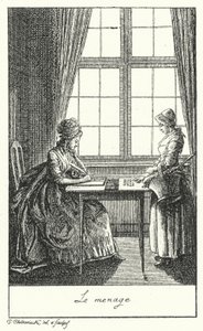 Het huishouden runnen (gravure) door Daniel Nikolaus (after) Chodowiecki