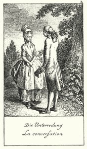 Het gesprek (gravure) door Daniel Nikolaus (after) Chodowiecki