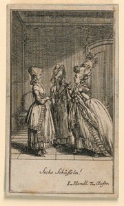 Een Oudere Vrouw Scheldt een Meisje uit, Illustratie van het Toneelstuk "Nicht mehr als sachs Schuesseln" door Fredrich Wilhelm Grossman in "Königl: Grosbrit [anische] Genealogischer Kalender auf das 1782 Jahr Lauenberg bey J.G. Berenberg" door Daniel Nikolaus Chodowiecki