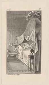 Caesar wil op het bed van de dromende Lady Charlotte springen door Daniel Nikolaus Chodowiecki