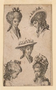 Vijf Hoofddeksels, zoals Gedragen door Berlijnse Vrouwen, Illustratie voor "Königl: Grosbrit [anische] Genealogischer Kalender auf das 1783 Jahr Lauenberg bey J.G. Berenberg" door Daniel Nikolaus Chodowiecki
