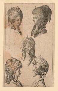 Vijf hoofddeksels, gedragen door Berlijnse vrouwen, illustratie voor "Königl: Grosbrit [anische] Genealogischer Kalender auf das 1782 Jahr Lauenberg bey J.G. Berenberg"