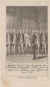 Frederik II spoort zijn officieren met een toespraak tot dapperheid aan bij het uitbreken van de eerste Silezische Oorlog door Daniel Nikolaus Chodowiecki