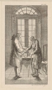 De heer v. G. schudt de oude man de hand door Daniel Nikolaus Chodowiecki