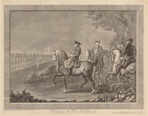 Koning Frederik II van Pruisen, wachtparade in Potsdam door Daniel Nikolaus Chodowiecki