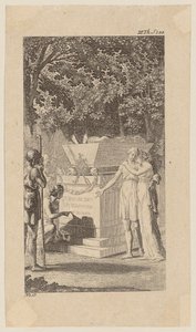 Miss Bruce met haar vriendin bij een grafmonument, blad 12 uit „Leven, opmerkingen en meningen van Johann Bunkel” door Daniel Nikolaus Chodowiecki