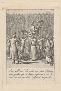 Een mogol laat zich van het paleis naar de tuin dragen, plaat 5 uit de reeks "Oost-Indische gebruiken" door Daniel Nikolaus Chodowiecki