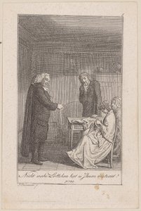 De dominee van Morkendorf brengt Minchen in verlegenheid, blad 5 uit de reeks „De roep naar de stad” door Daniel Nikolaus Chodowiecki