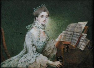 Portret van een zanger bij het klavecimbel
