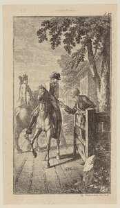 Zuigeling te paard geeft Sebaldus een aalmoes door Daniel Nikolaus Chodowiecki