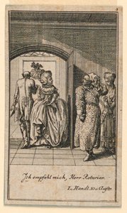 Het oudere echtpaar beëindigt hooghartig een bezoek, Illustratie van het toneelstuk "Nicht mehr als sachs Schuesseln" door Fredrich Wilhelm Grossman in "Königl: Grosbrit [anische] Genealogischer Kalender auf das 1782 Jahr Lauenberg bey J.G. Berenberg" door Daniel Nikolaus Chodowiecki
