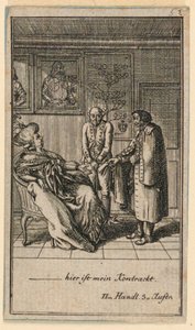 De oudere vrouw huurt een man, illustratie van het toneelstuk "Nicht mehr als sachs Schuesseln" door Fredrich Wilhelm Grossman in "Königl: Grosbrit [anische] Genealogischer Kalender auf das 1782 Jahr Lauenberg bey J.G. Berenberg"