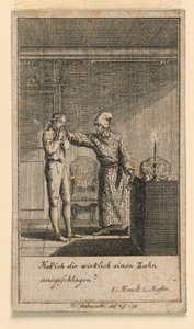 De Klap in het Gezicht, Illustratie van het Toneelstuk "Nicht mehr als sachs Schuesseln" door Fredrich Wilhelm Grossman in "Königl: Grosbrit [anische] Genealogischer Kalender auf das 1782 Jahr Lauenberg bey J.G. Berenberg"