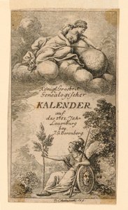 Titelpagina voor "Königl: Grosbrit [anische] Genealogischer Kalender auf das 1781 Jahr Lauenberg bey J.G. Berenberg" door Daniel Nikolaus Chodowiecki