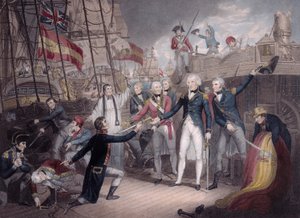 Admiraal Nelson ontvangt het zwaard van de Spaanse admiraal, Slag bij St. Vincent