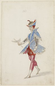 Mannelijke figuur in een blauw en rood kostuum van het Ballet des quatre saisons de l