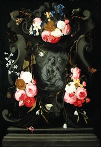 Bloemenguirlande met de Heilige Familie