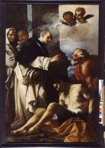 Sint Anthelmus die voor een zieke man zorgt