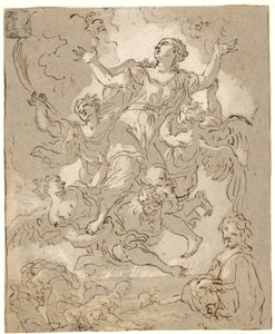 St. Rosalia in glorie met stervende en rennende figuren en een mannelijke halflengte eronder