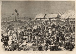 Een zeer levendige mars nabij de Congo-rivier, met meer dan drieduizend mensen, geëtst naar een tekening van D.Vierge, ter illustratie van David Livingstone