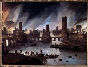 Uitzicht op de brand van Troje. Schilderij door Daniel van Heil (1604-1662) 17e eeuw. Besancon, Musee Des Beaux Arts door Daniel van Heil