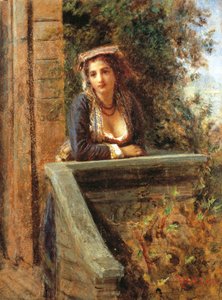 Jong meisje bij raam of jonge vrouw op balkon, door Daniele Ranzoni (1843-1889) door Danielle Ranzoni