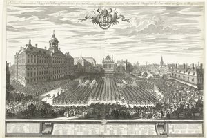 Schutterijen op de Dam tijdens de Amsterdamse kermis, 1686 door Daniël Marot (I)