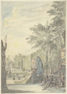 Gezicht vanaf een terras in een ornamentale tuin