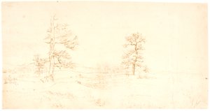 Uitzicht over een heuvelachtig landschap met een paar eenzame eiken door Dankvart Dreyer