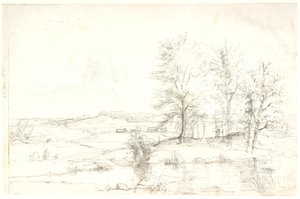 Uitzicht over een heuvelachtig bosrijk landschap. Op de voorgrond een meer door Dankvart Dreyer