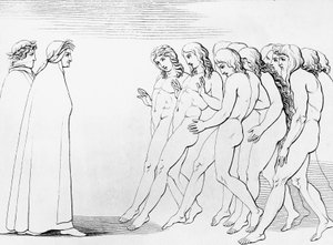 Zielen schrikken bij het zien dat Dante leeft, illustratie voor 3e canto van Purgatorio, Goddelijke Komedie, allegorisch gedicht door Dante Alighieri door Dante Alighieri