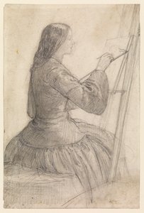 Elizabeth Siddal zittend aan een ezel, schilderend, ca. 1854-55