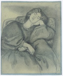 Studie van Jane Morris slapend in een gestoffeerde fauteuil