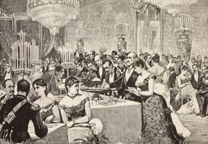 Buffetzaal, Hofbal in Quirinaal, Rome, Italië, gravure naar tekening van Dante Paolocci, uit L