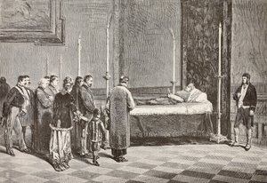 Lichaam van kardinaal Giacomo Antonelli opgebaard in een van de kamers in het Vaticaan, gravure naar een tekening van Dante Paolocci, uit L