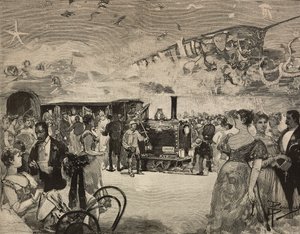 Carnavalsfeest in de Internationale Artistieke Club (Circolo Artistico) van Rome, Italië, gravure naar tekening van Dante Paolocci, uit L